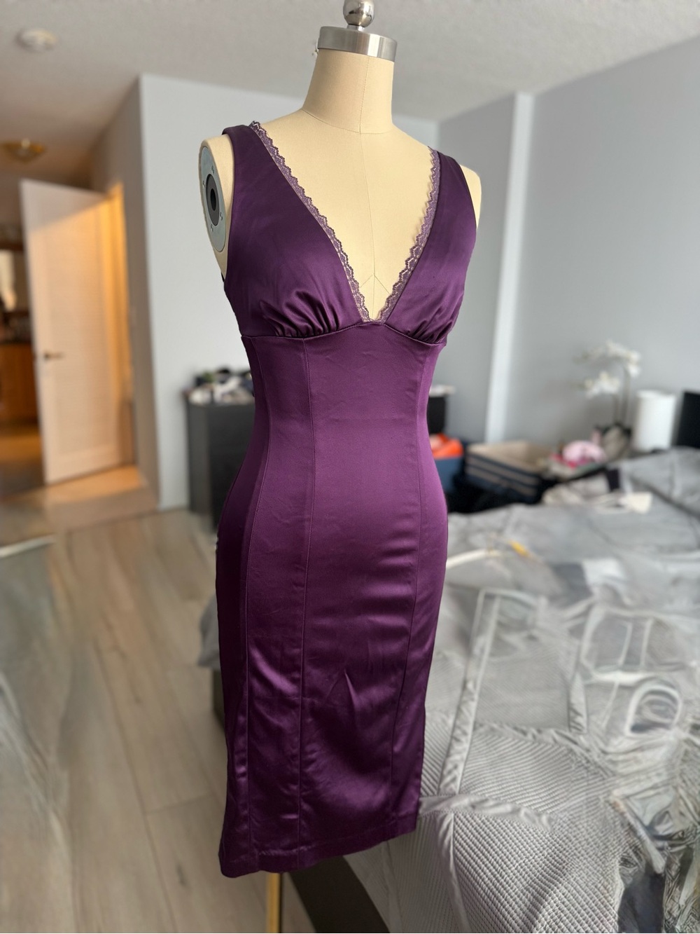 Bebe Plum Lace-Trim Satin Dress size XS